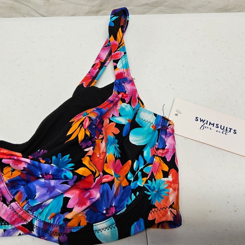 Swimsuits For All Bikini Top Womens 16 Black Floral Underwire Front Tie New
